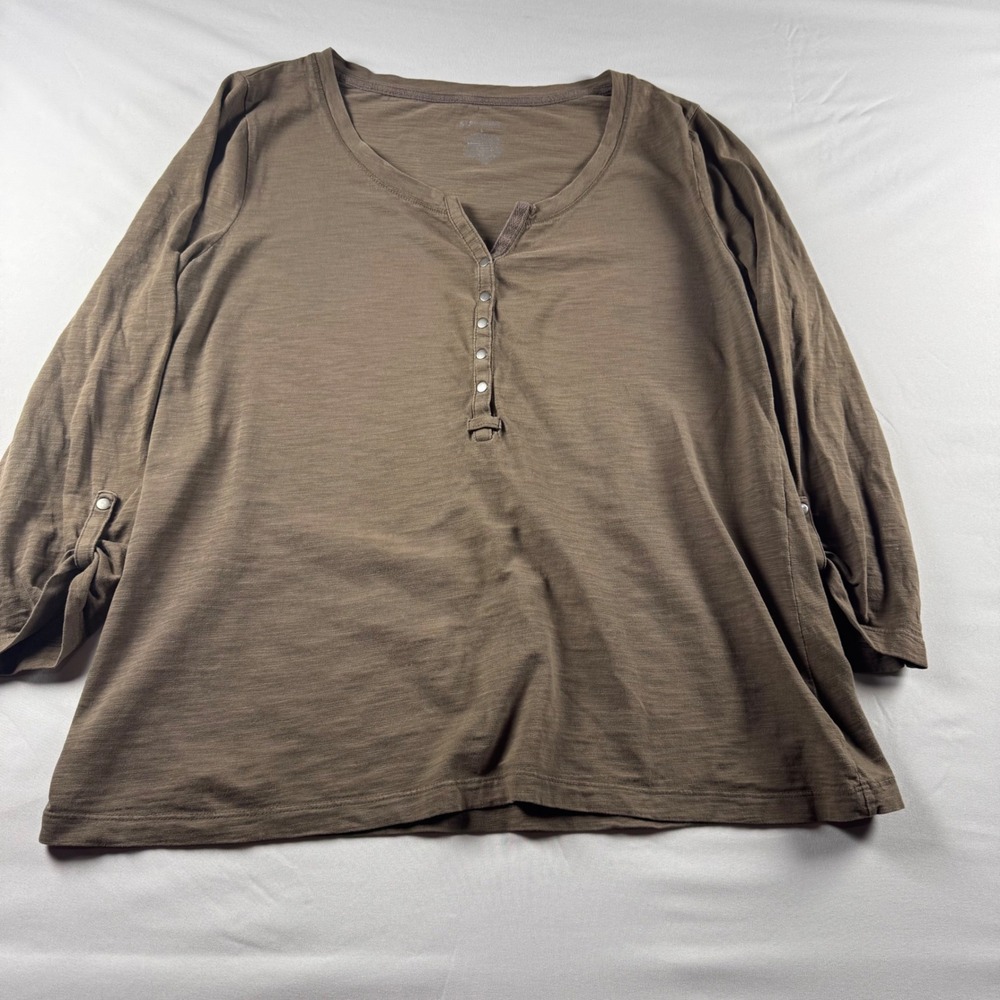 St. Johns Bay Womens Large Henley Top Olive Brown Roll Tab Sleeve Cotton Slub